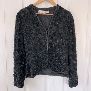 Vintage Laurence Kazar black silk blazer, beaded/ sequins. Glam/Formal size M